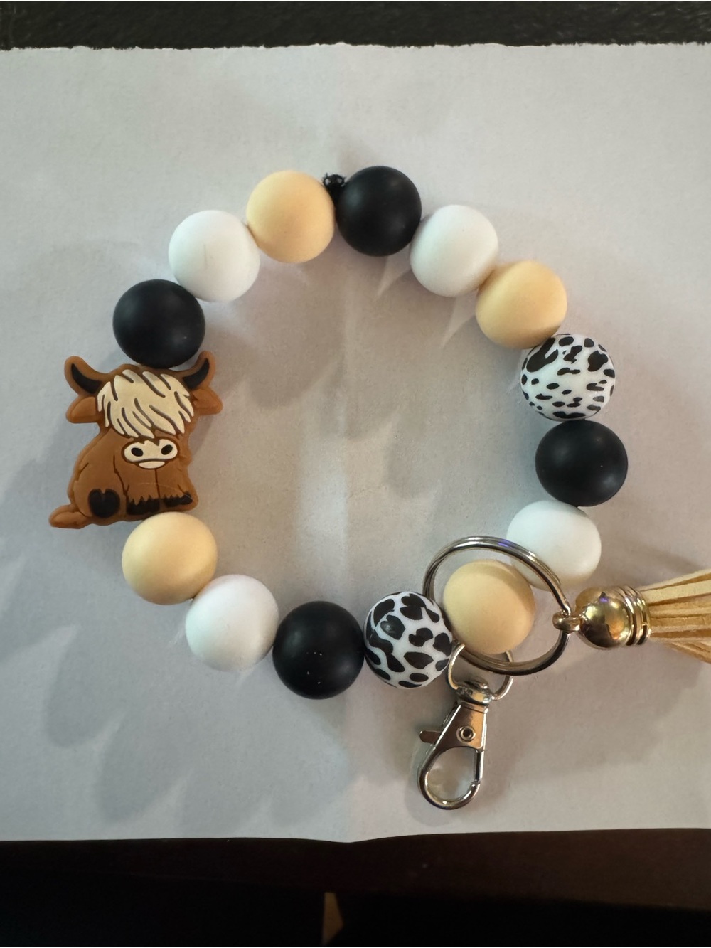 Kids Black White and Cream Cow Charm Beaded Keychain Bracelet